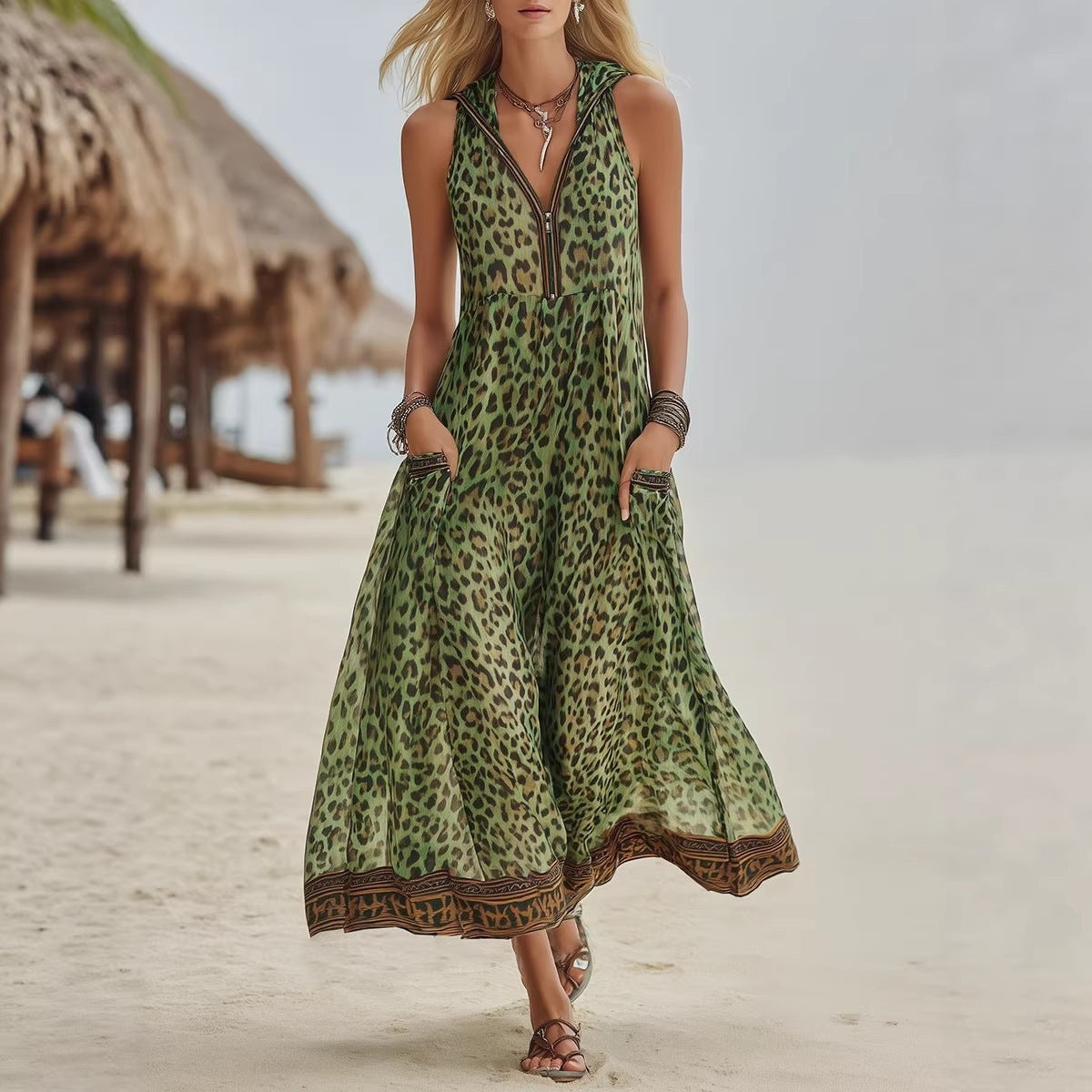 Robe midi sans manches imprimé léopard