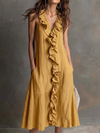 Robe longue lin-coton décolleté V volant