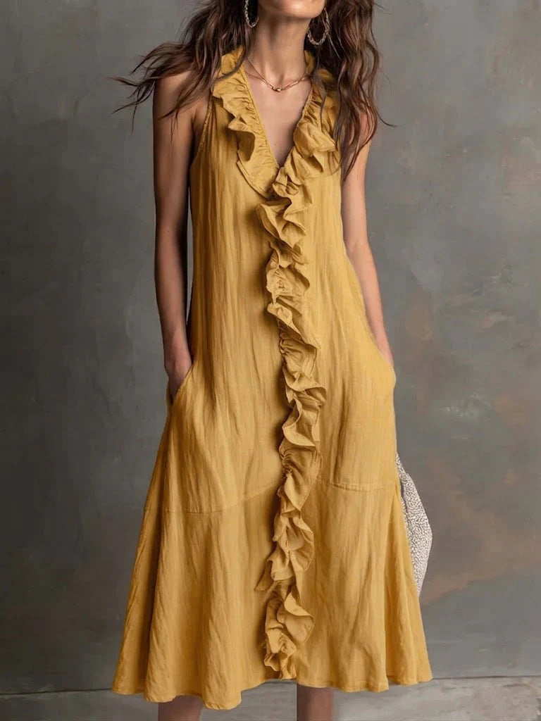 Robe longue lin-coton décolleté V volant