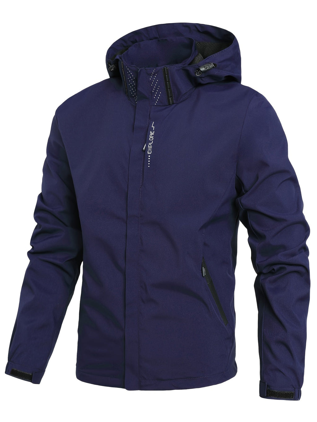 Veste imperméable bleu marine pour homme avec capuche, fermeture éclair et poches zippées. Idéale pour activités extérieures et temps pluvieux.