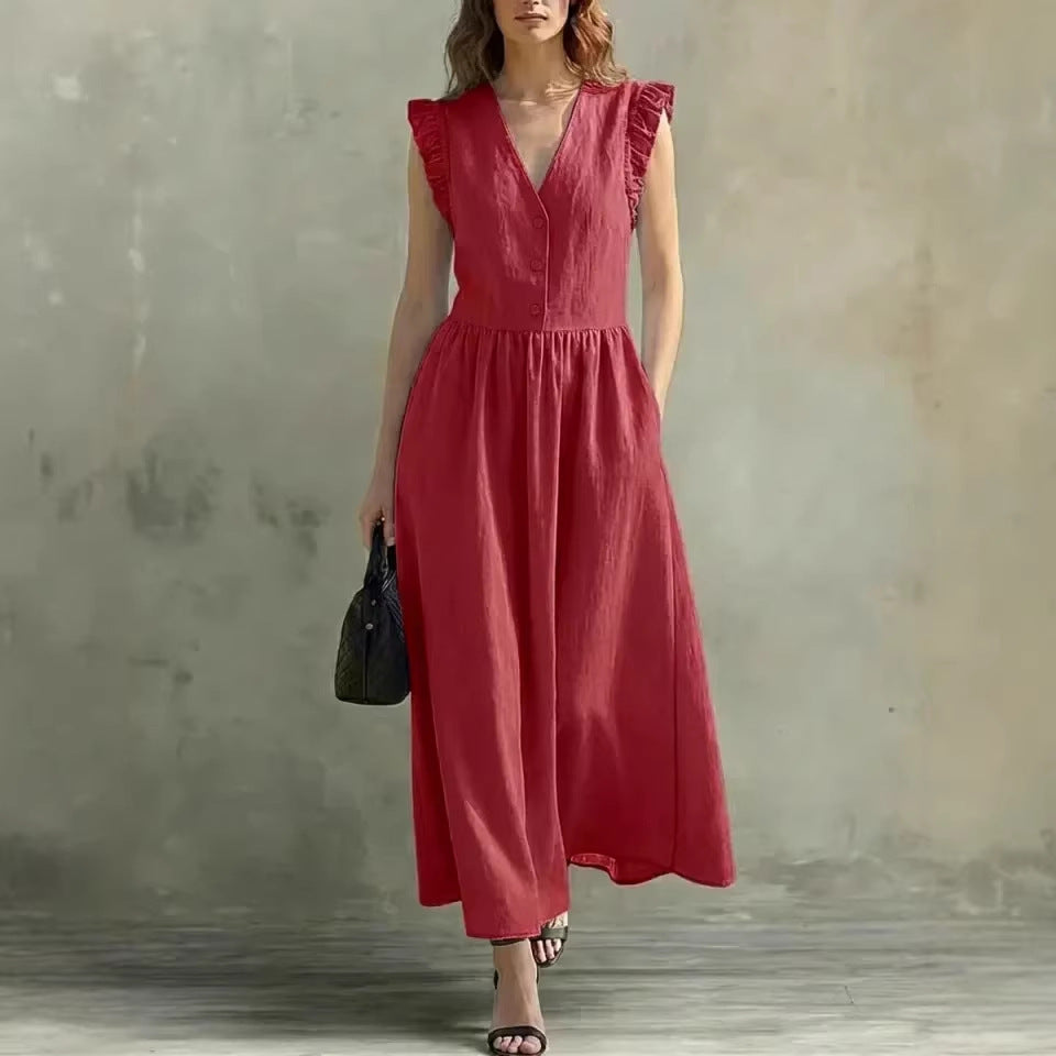 Linen and cotton wrap dress, loose fit with pockets