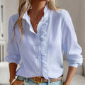 Blouse blanche à volants pour femme, manches longues, col en V, style élégant et décontracté, idéale pour mode automne-hiver.