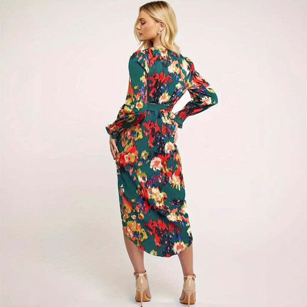 Robe mi-longue color-block taille haute