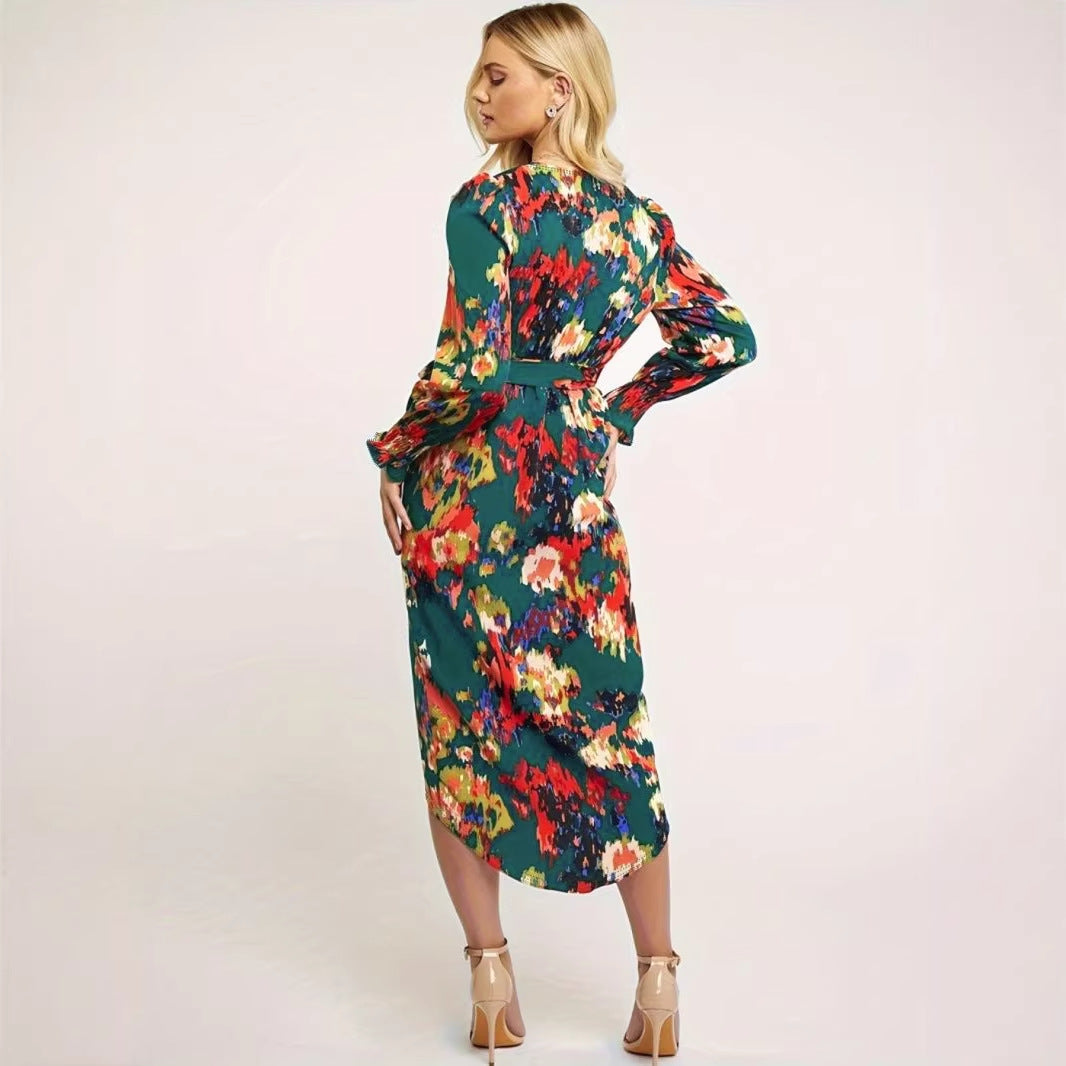 Robe mi-longue color-block taille haute
