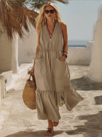 Robe Rétro Col V Poches et Manches Bouffantes