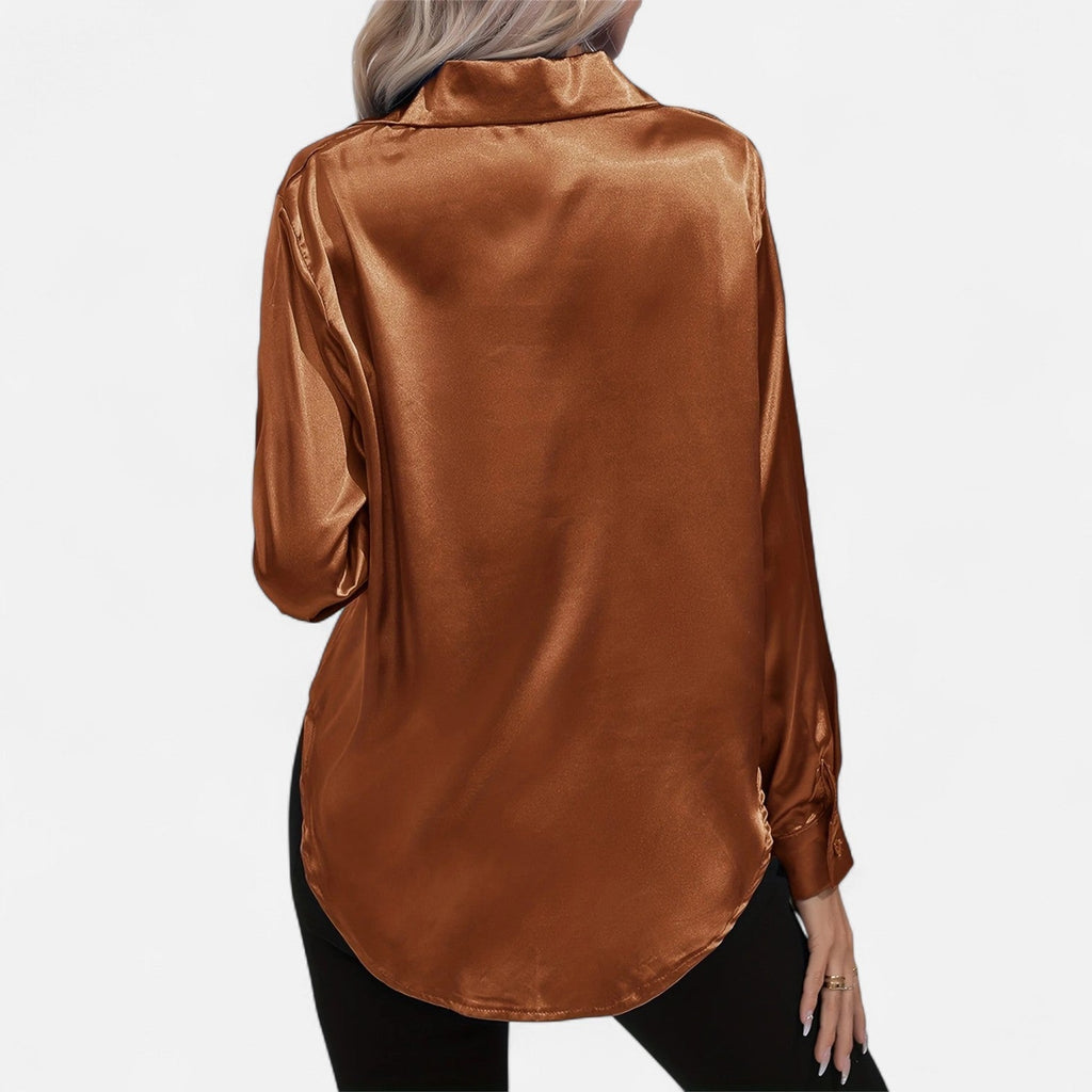 Chemisier boutonné en satin pour femme – Chemise classique à manches longues et revers