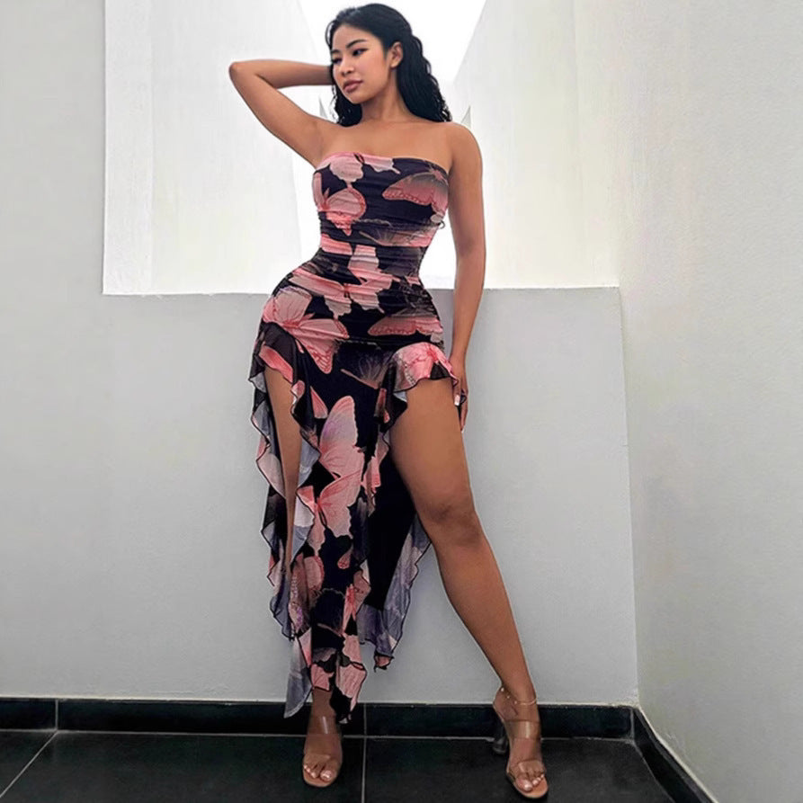Open-back floral maxi dress with slit