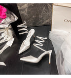 Stiletto heeled rhinestone strap pumps