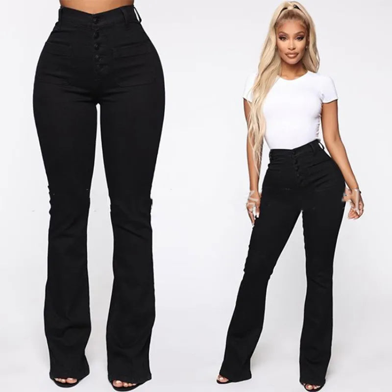 Jeans slim taille haute à bouton et bas évasé - Chic&Shines