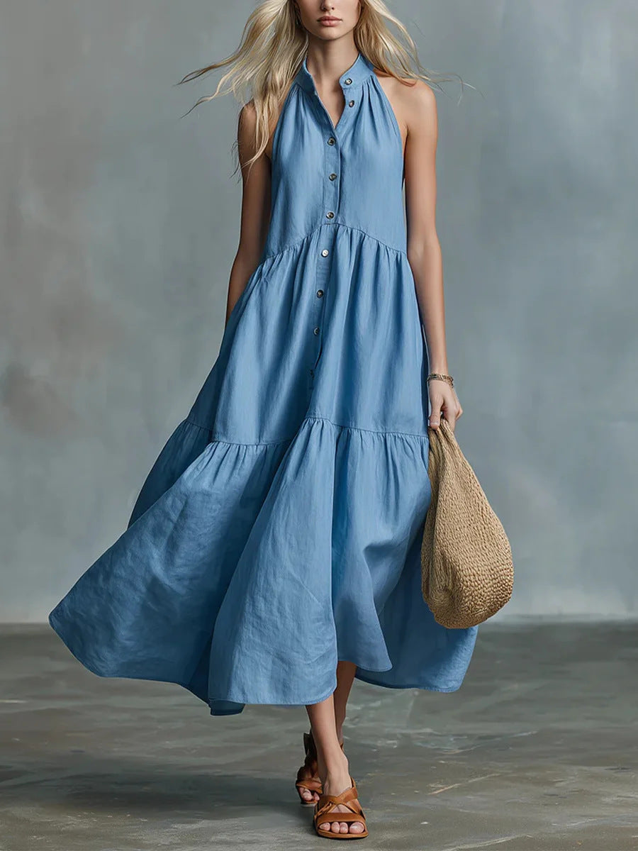 Robe-chemise lin et coton, coupe ample sans manches
