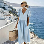 Robe fluide asymétrique en coton-lin bleu clair