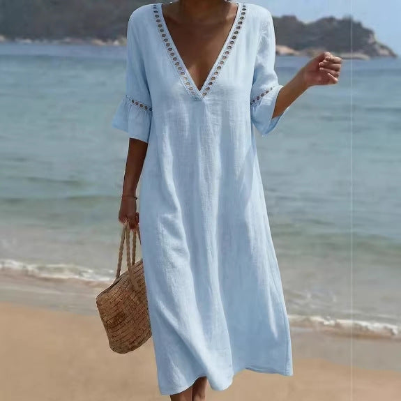 Robe lin coton col V loose fit élégante
