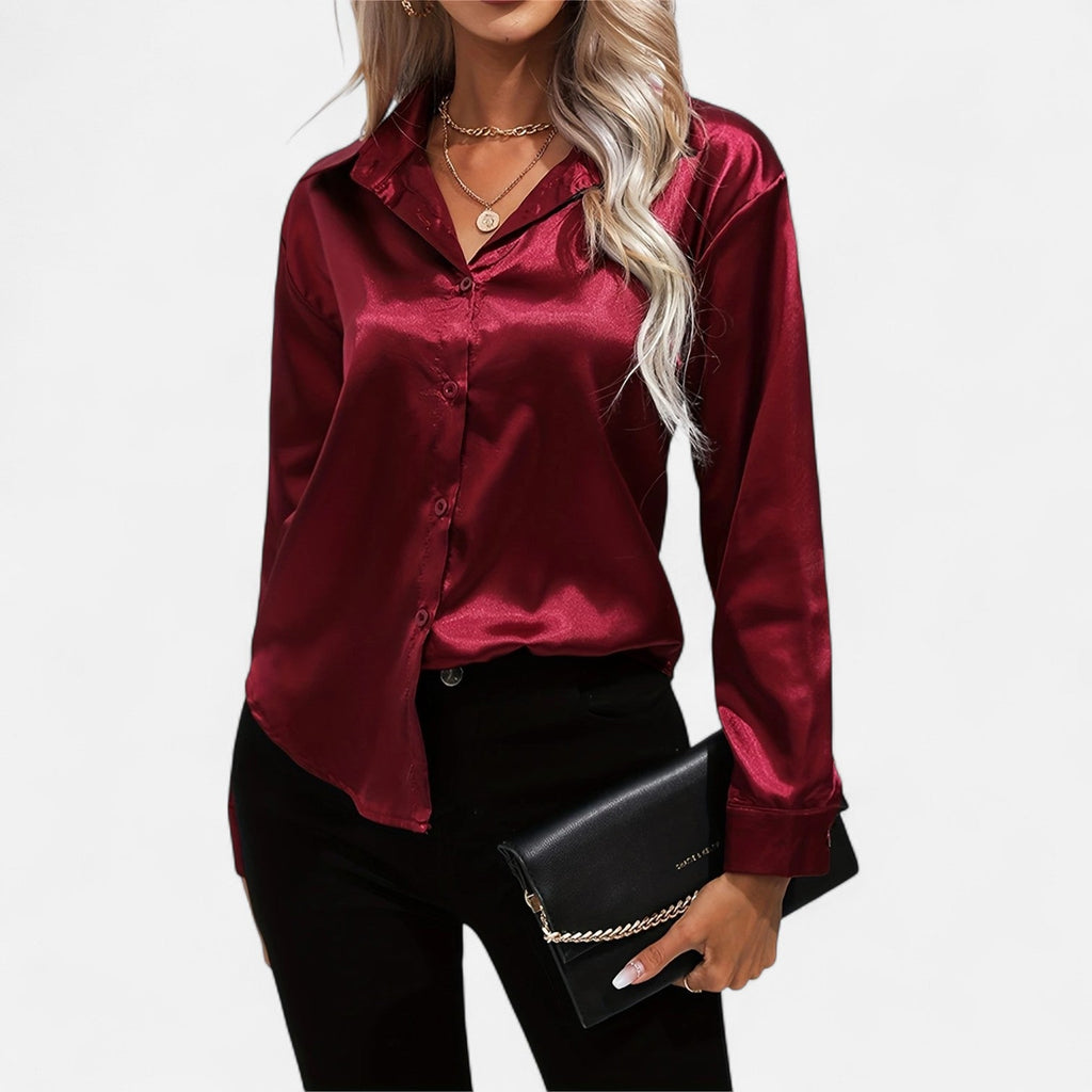 Chemisier boutonné en satin pour femme – Chemise classique à manches longues et revers