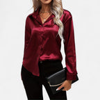 Chemisier boutonné en satin pour femme – Chemise classique à manches longues et revers
