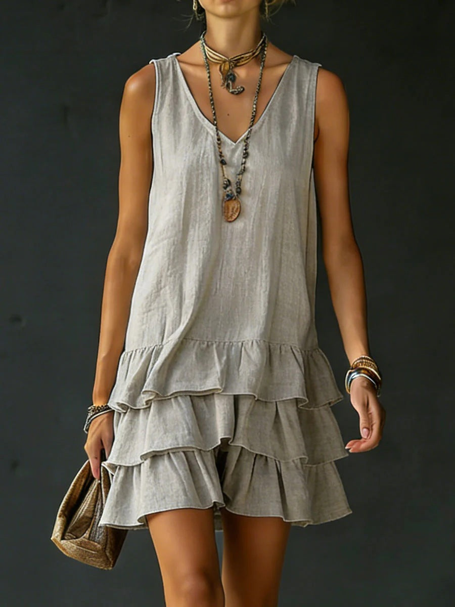 Robe lin-coton col V sans manches