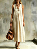 Robe lin-coton col V, ceinture, sans manches