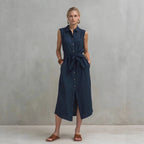 Robe droite lin-coton sans manches teinte unie
