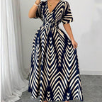 Long dress with short sleeves and fitted waist