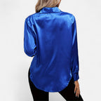Chemisier boutonné en satin pour femme – Chemise classique à manches longues et revers