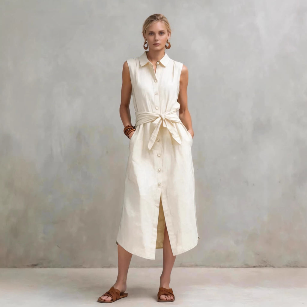 Robe droite lin-coton sans manches teinte unie