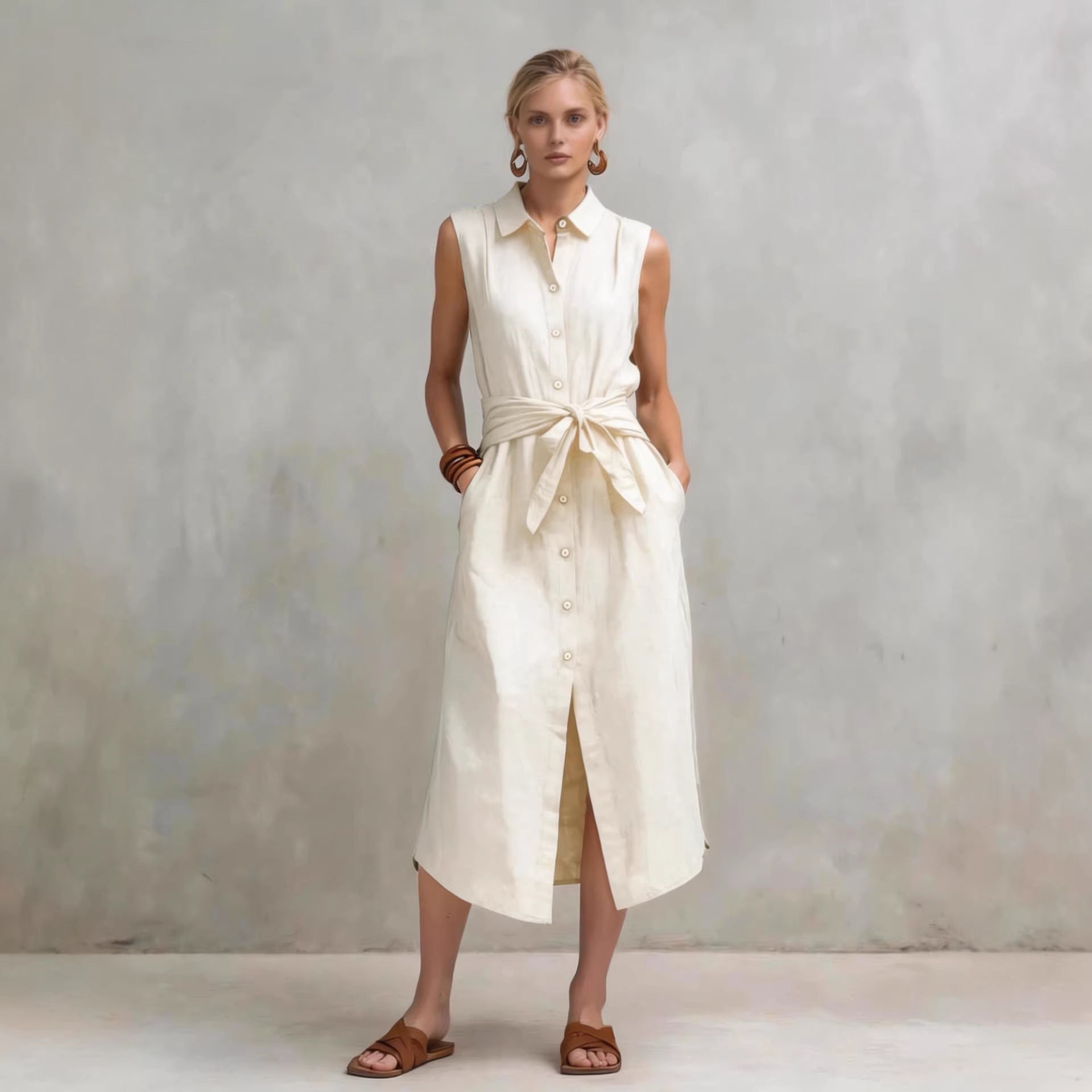 Robe droite lin-coton sans manches teinte unie