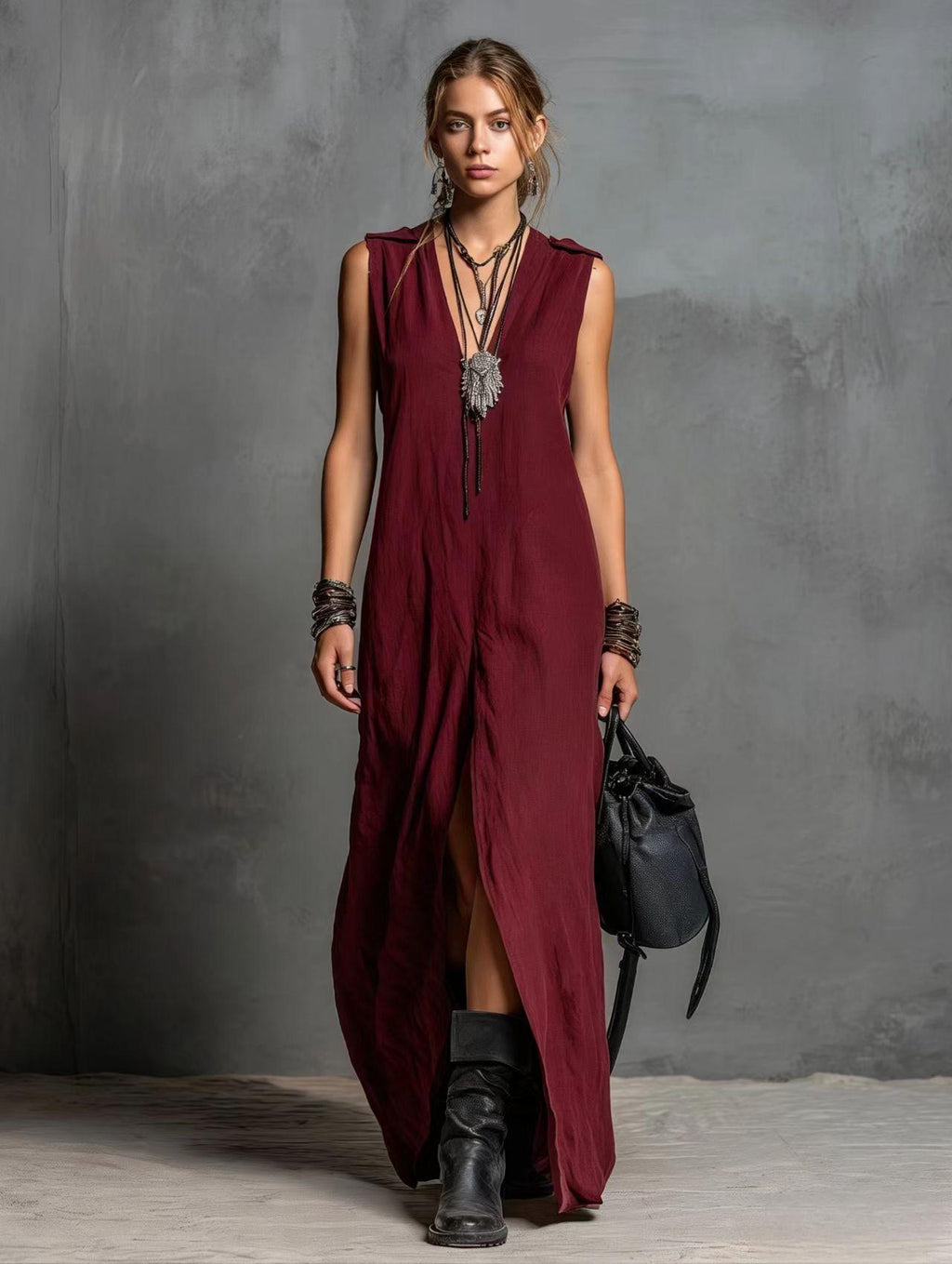 Robe longue fendue à encolure V, coupe ample