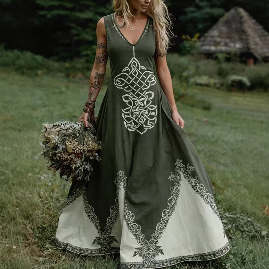 Robe longue bohème à imprimé artistique et encolure V