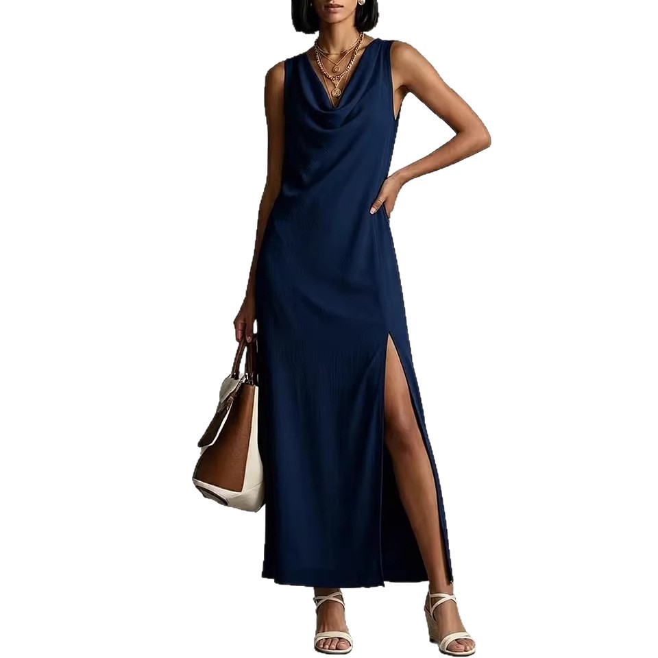 Robe fluide col drapé fendu lin polyester