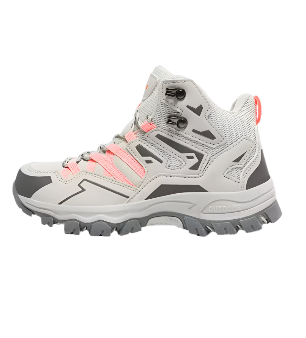 Chaussure de randonnée femme, couleur blanche et grise, avec détails roses, semelle crantée pour terrain accidenté, idéale pour activités outdoor.