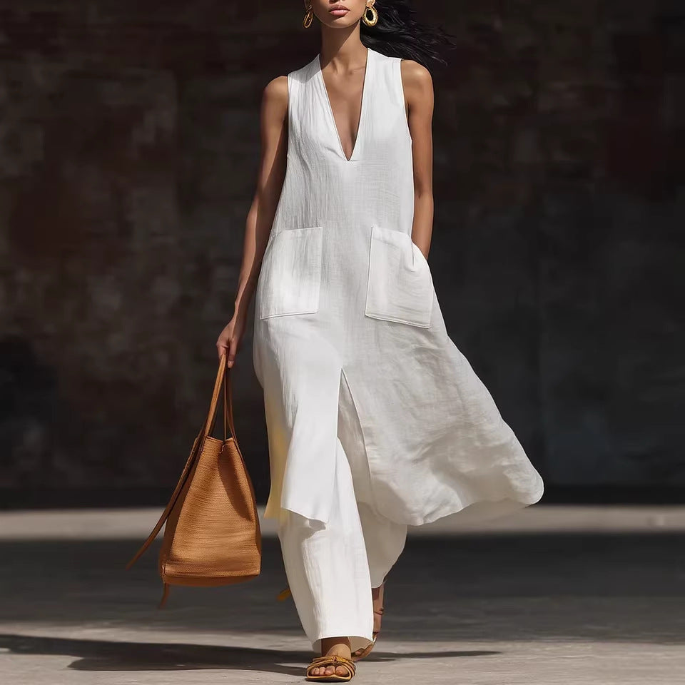 Robe lin col V sans manches — Élégance minimaliste