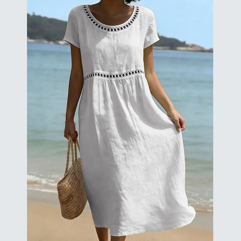 Robe élégante lin-coton, col rond, manches trois-quarts