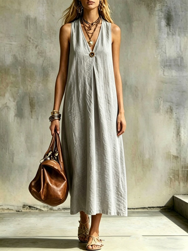 Robe lin-coton col V, ceinture, sans manches