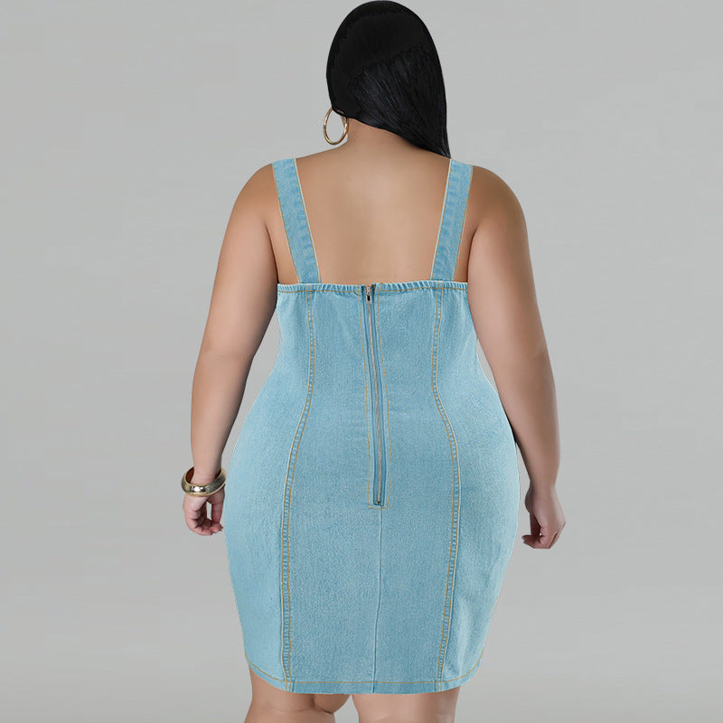 Sleeveless light blue denim trapeze dress