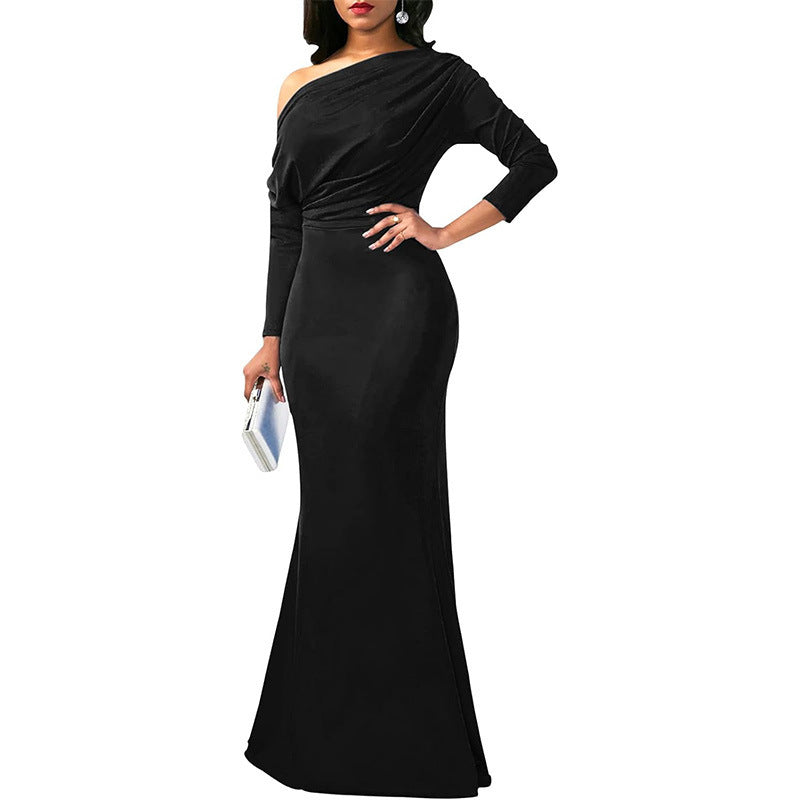 Elegant long oblique shoulder evening dress