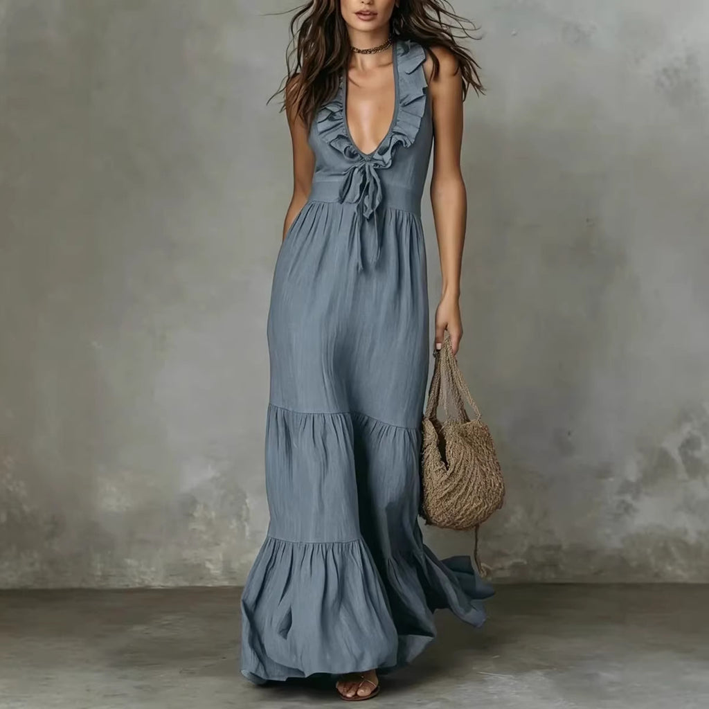Robe longue lin coton col V sans manches