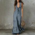 Robe longue lin coton col V sans manches