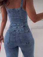 Sleeveless denim jumpsuit with zipper