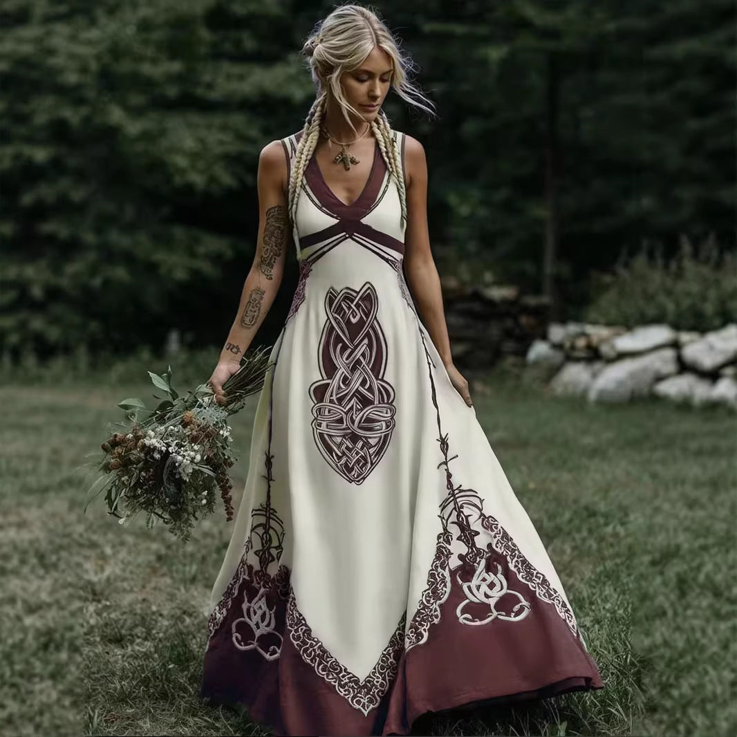 Robe longue bohème à imprimé artistique et encolure V