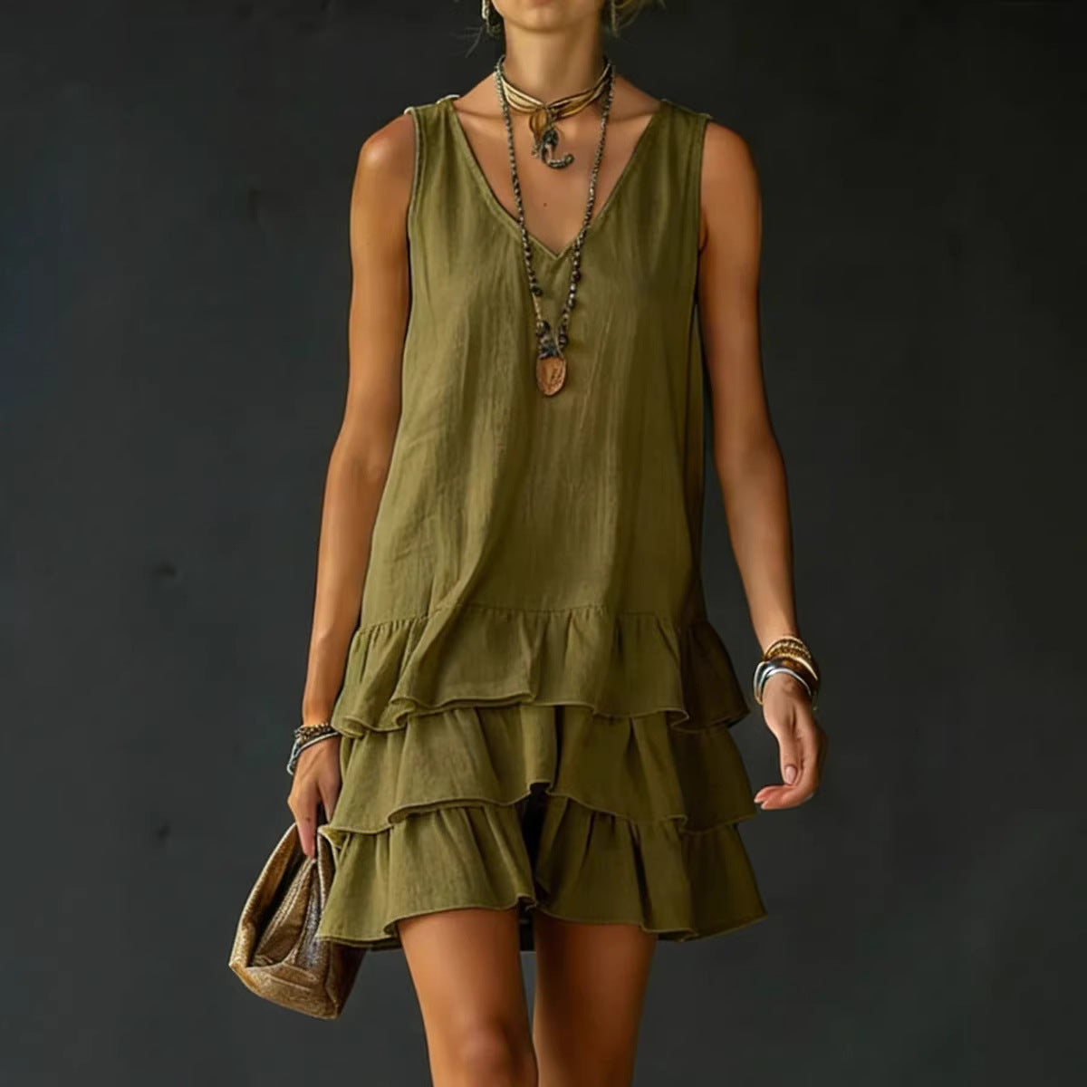 Robe lin-coton col V sans manches