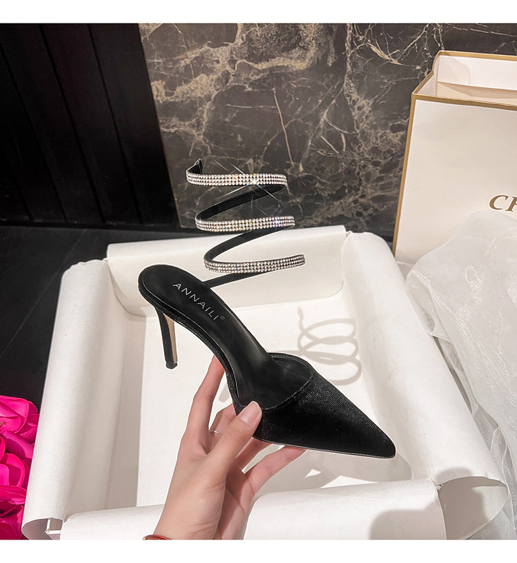 Stiletto heeled rhinestone strap pumps