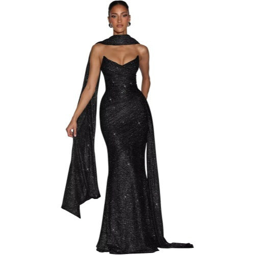 Sequin evening dress with side slit