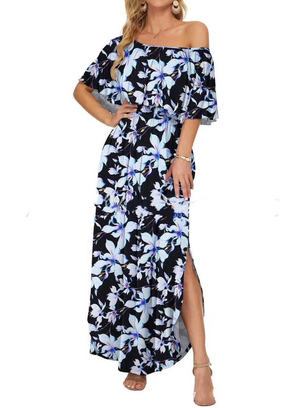 Robe longue à épaules dénudées, imprimée et confortable