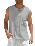 Débardeur homme gris sans manches avec laçage, poche poitrine, style décontracté estival. Mode masculine tendance, tenue légère et confortable.
