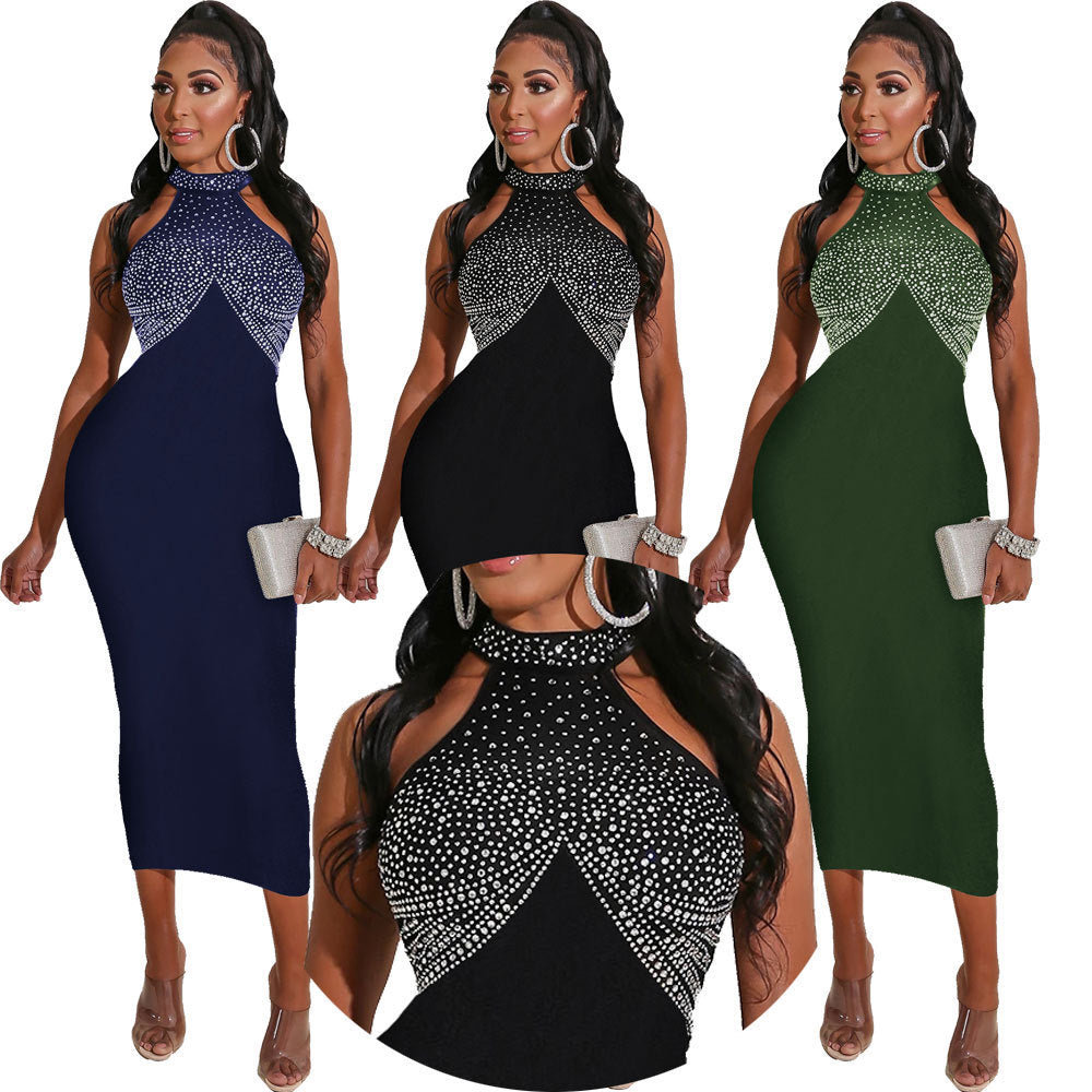 Robe longue licou sexy en diamant