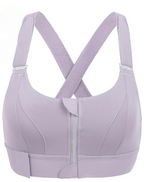Soutien-gorge de sport violet avec fermeture éclair frontale, bretelles croisées, design ergonomique, idéal pour fitness et yoga.