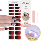 Autocollants ongles gel semi-permanents rouges et noirs, kit manucure avec lime, bâtonnet bois, lampe UV gratuite. Application facile, longue tenue.