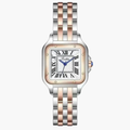 Montre femme élégante en acier inoxydable bicolore, cadran carré blanc avec chiffres romains, bracelet argenté et doré, style classique.