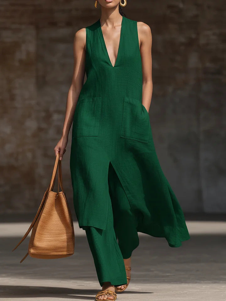 Robe lin col V sans manches — Élégance minimaliste