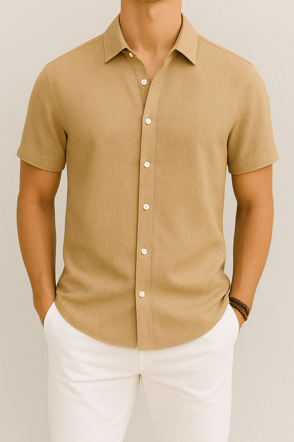 Chemise beige à manches courtes pour homme, boutons blancs, col classique, portée avec un pantalon blanc. Mode masculine élégante et décontractée.