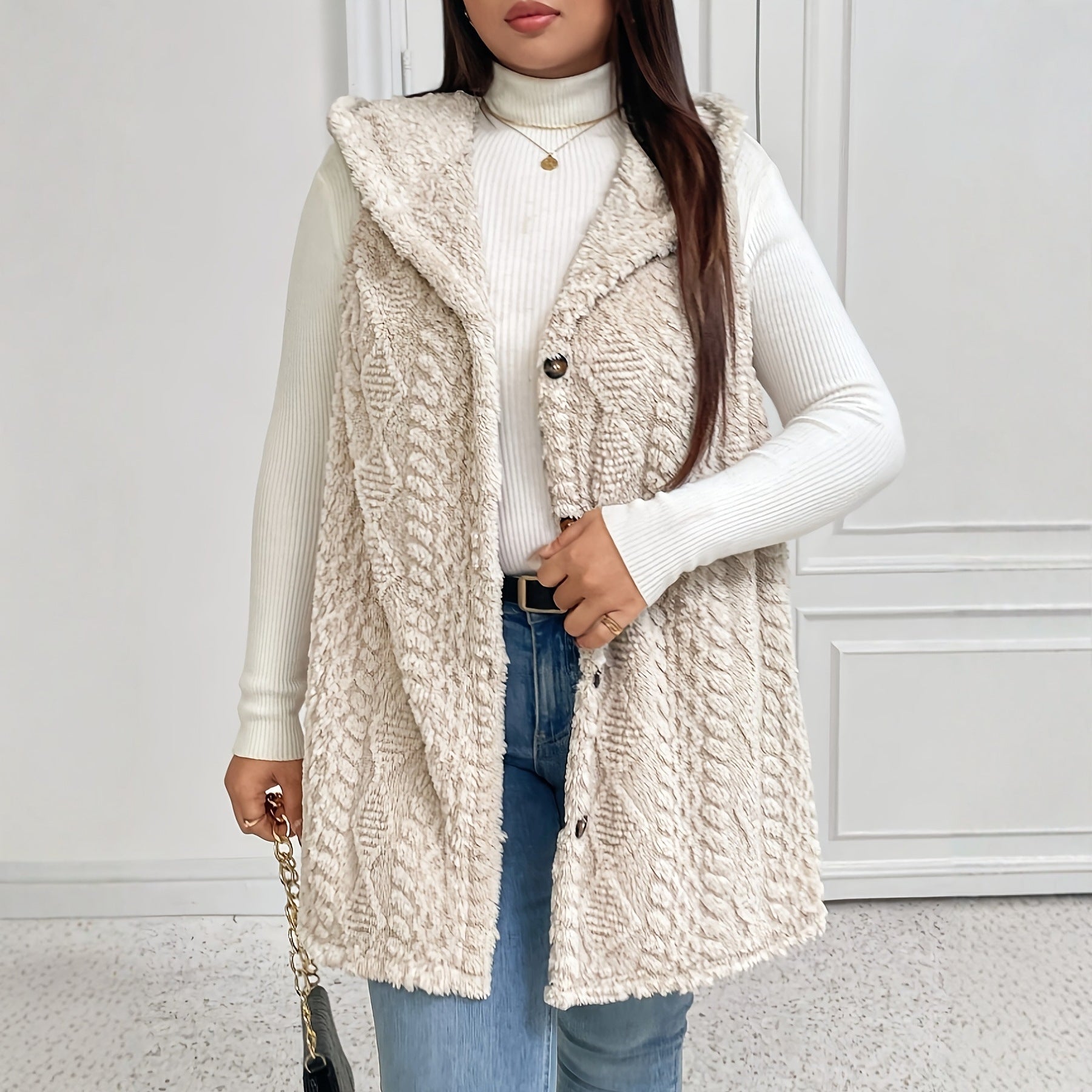 Gilet cardigan à capuche en peluche